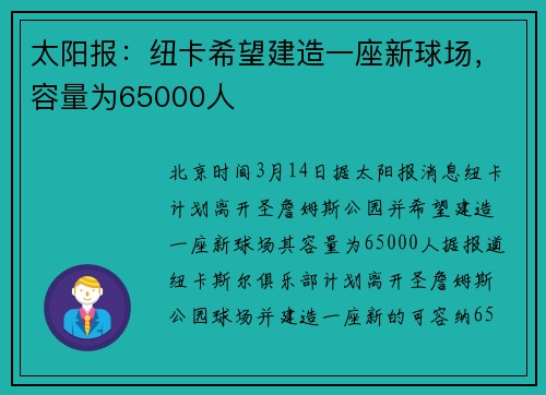 太阳报：纽卡希望建造一座新球场，容量为65000人