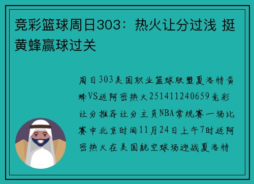 竞彩篮球周日303：热火让分过浅 挺黄蜂赢球过关